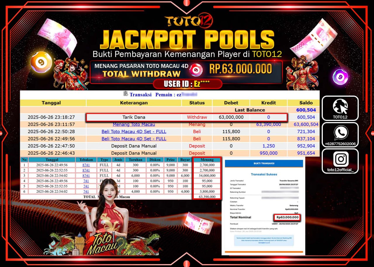HANYA DI TOTO12 JP PASTI DI BAYAR LUNAS DAN CEPAT!!!!!! JACKPOT POOLS PASARAN (MACAU4D) Rp.63.000.000 !!!!