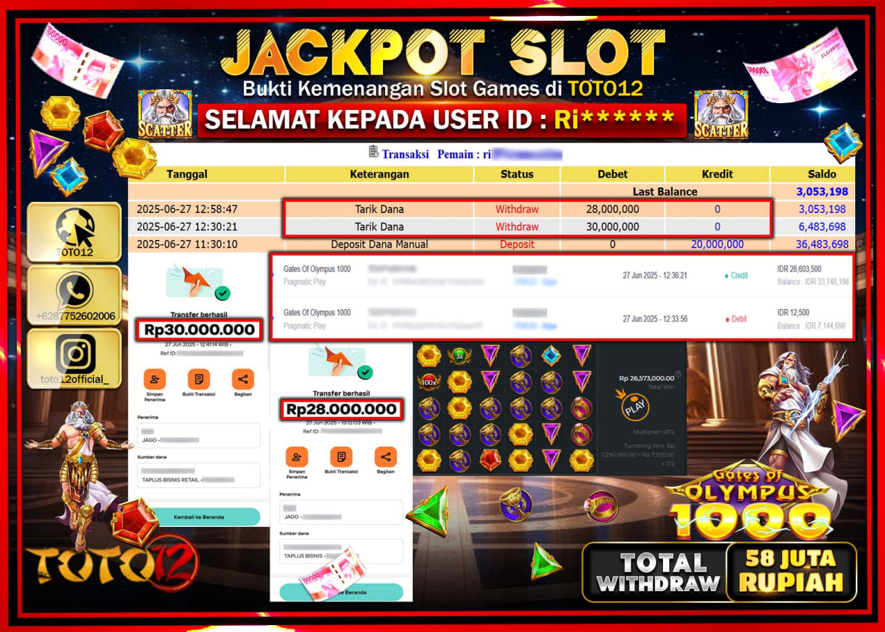 HANYA DI TOTO12 JP PASTI DI BAYAR LUNAS DAN CEPAT!!!!!! JACKPOT SLOT GAME (GATES OF OLYMPUS 1000) Rp.58.000.000 !!!!