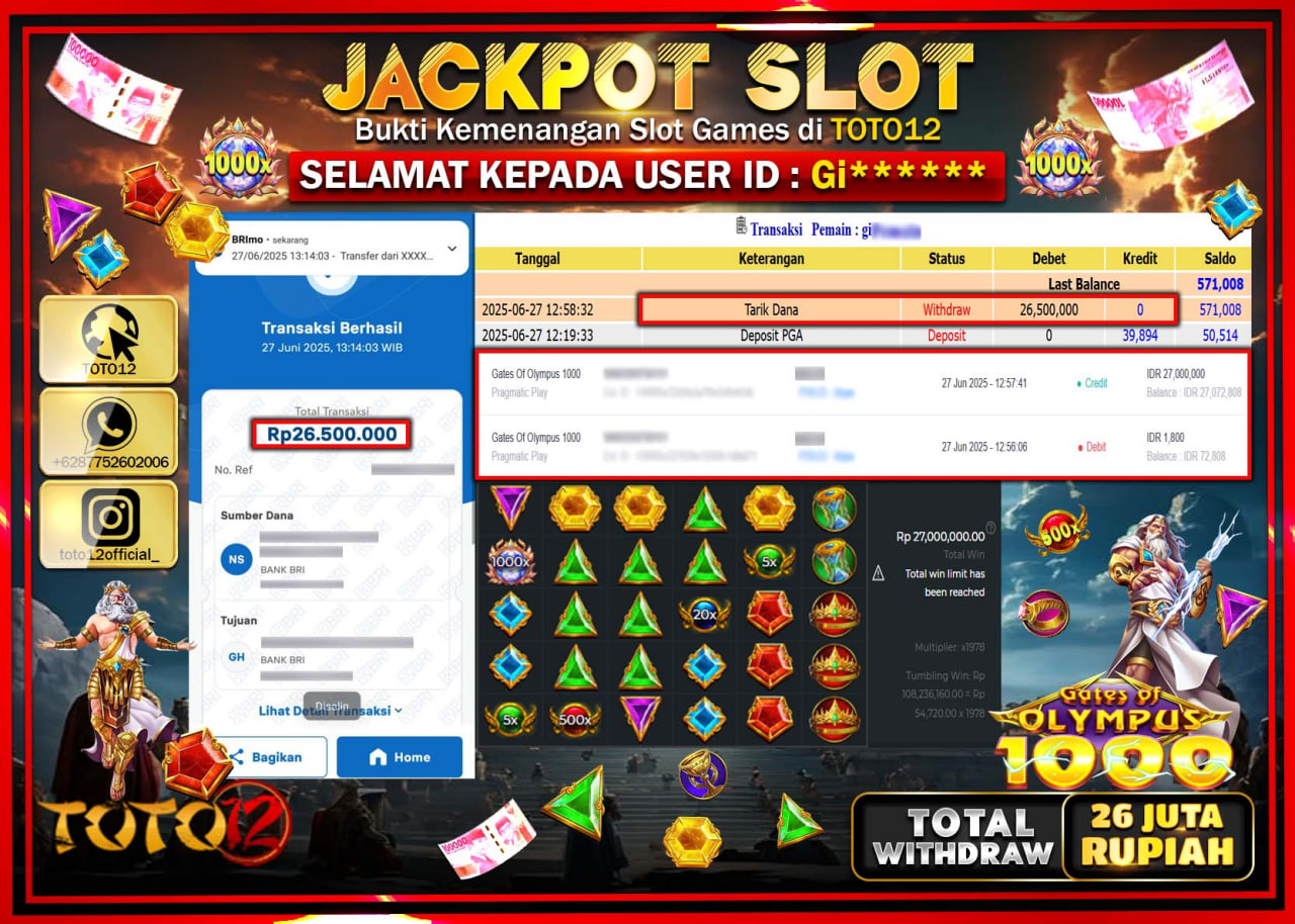 HANYA DI TOTO12 JP PASTI DI BAYAR LUNAS DAN CEPAT!!!!!! JACKPOT SLOT GAME (GATES OF OLYMPUS 1000) Rp.26.000.000 !!!!