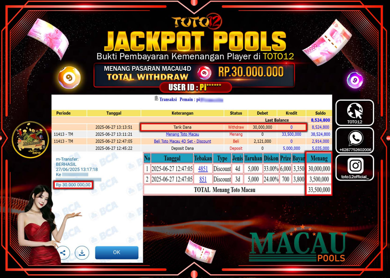 HANYA DI TOTO12 JP PASTI DI BAYAR LUNAS DAN CEPAT!!!!!! JACKPOT POOLS PASARAN (MACAU4D) Rp.30.000.000 !!!!