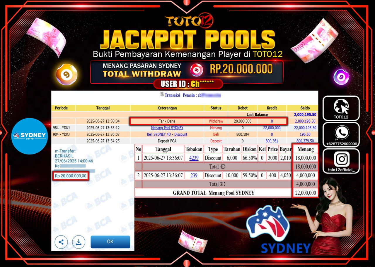 HANYA DI TOTO12 JP PASTI DI BAYAR LUNAS DAN CEPAT!!!!!! JACKPOT POOLS PASARAN (SYDNEY) Rp.20.000.000 !!!!