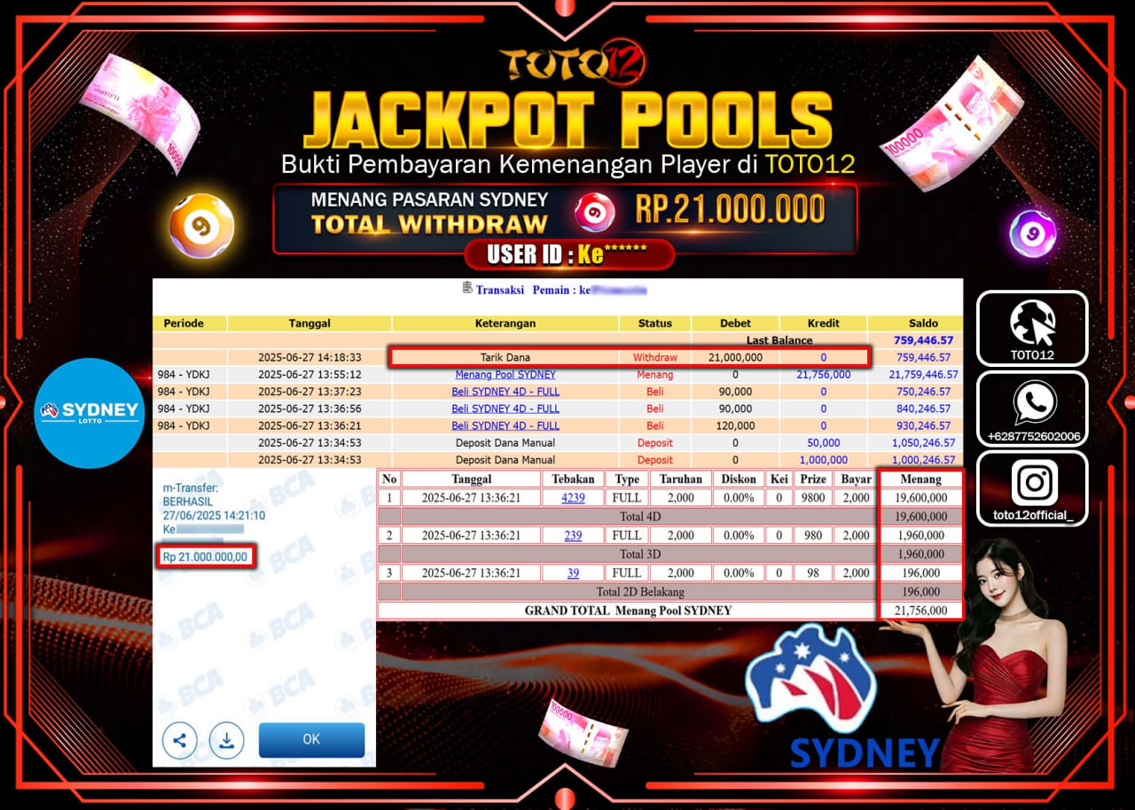 HANYA DI TOTO12 JP PASTI DI BAYAR LUNAS DAN CEPAT!!!!!! JACKPOT POOLS PASARAN (SYDNEY) Rp.21.000.000 !!!!