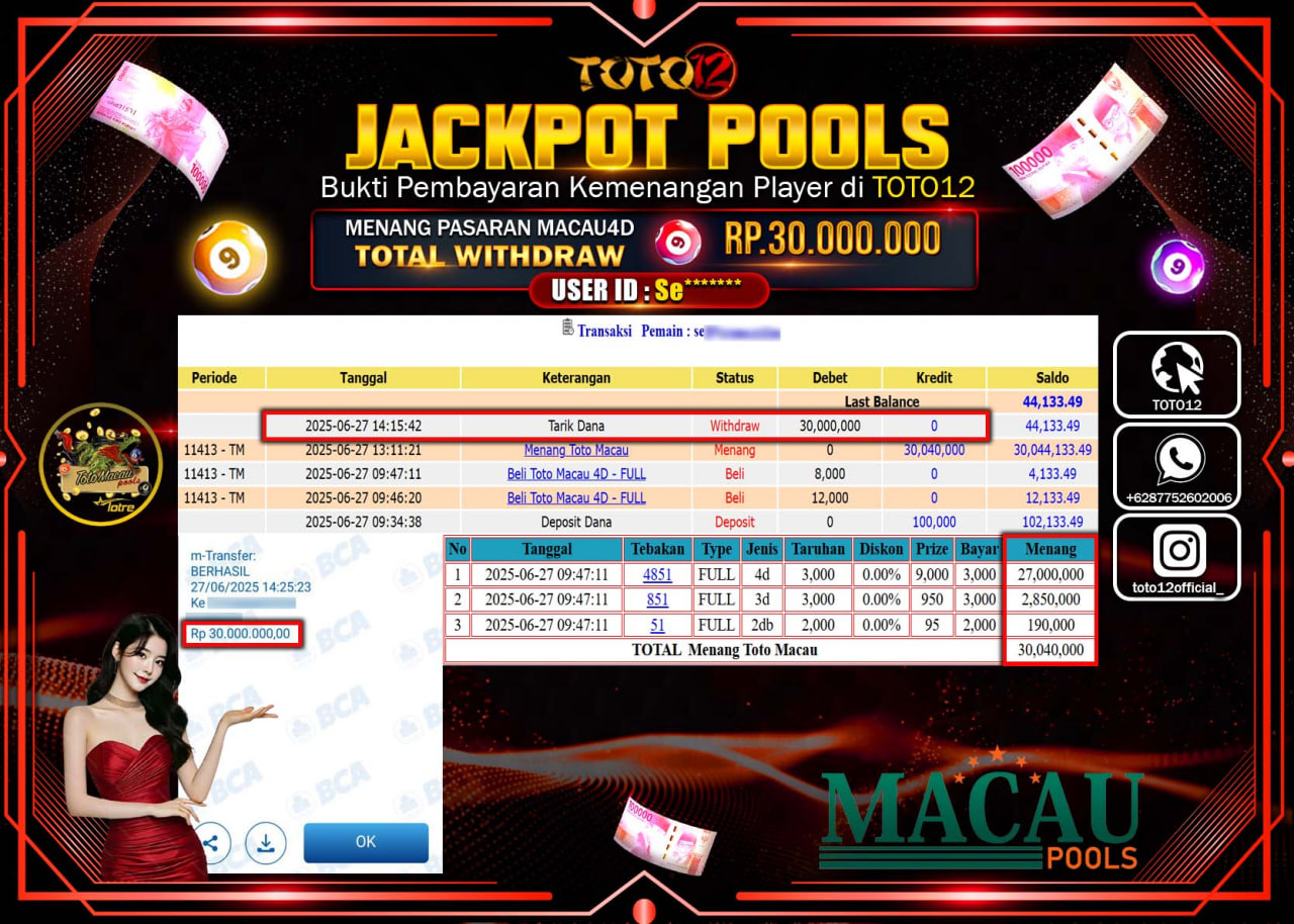 HANYA DI TOTO12 JP PASTI DI BAYAR LUNAS DAN CEPAT!!!!!! JACKPOT POOLS PASARAN (MACAU4D) Rp.30.000.000 !!!!