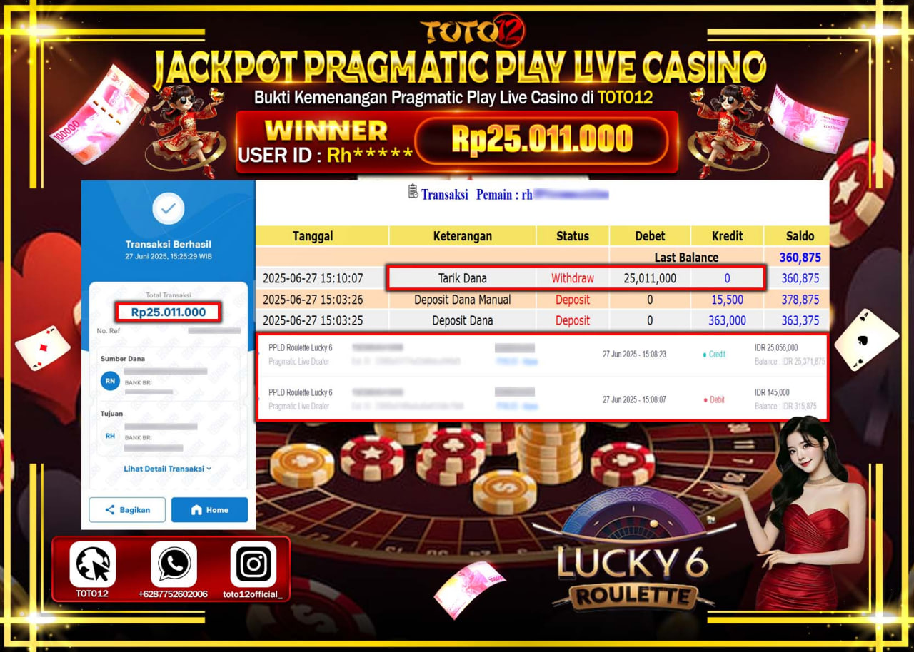 HANYA DI TOTO12 JP PASTI DI BAYAR LUNAS DAN CEPAT!!!!!! JACKPOT SLOT GAME (ROULETTE LUCKY 6) Rp.25.011.000 !!!!