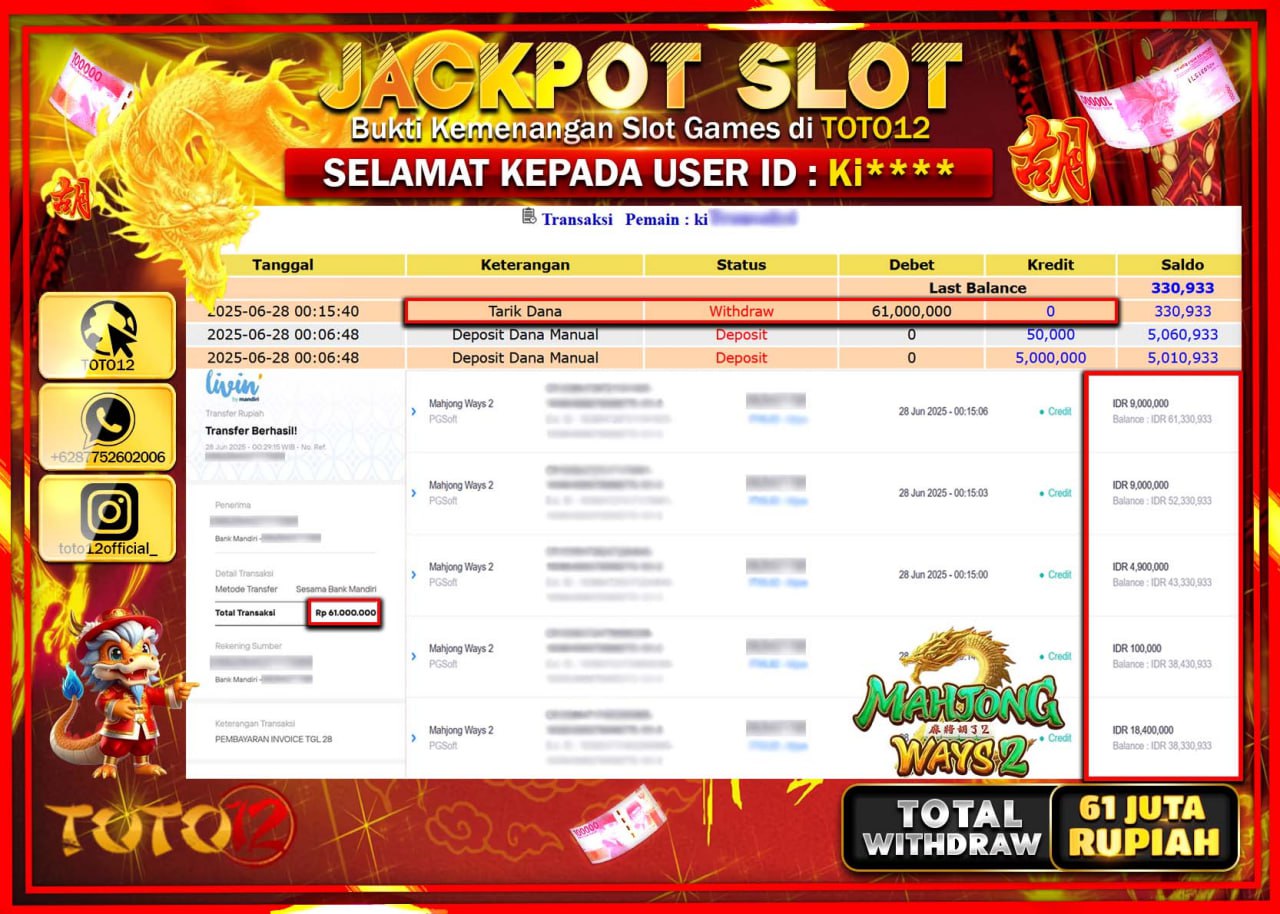 HANYA DI TOTO12 JP PASTI DI BAYAR LUNAS DAN CEPAT!!!!!! JACKPOT SLOT GAME (MAHJONG WAYS 2) Rp.61.000.000 !!!!