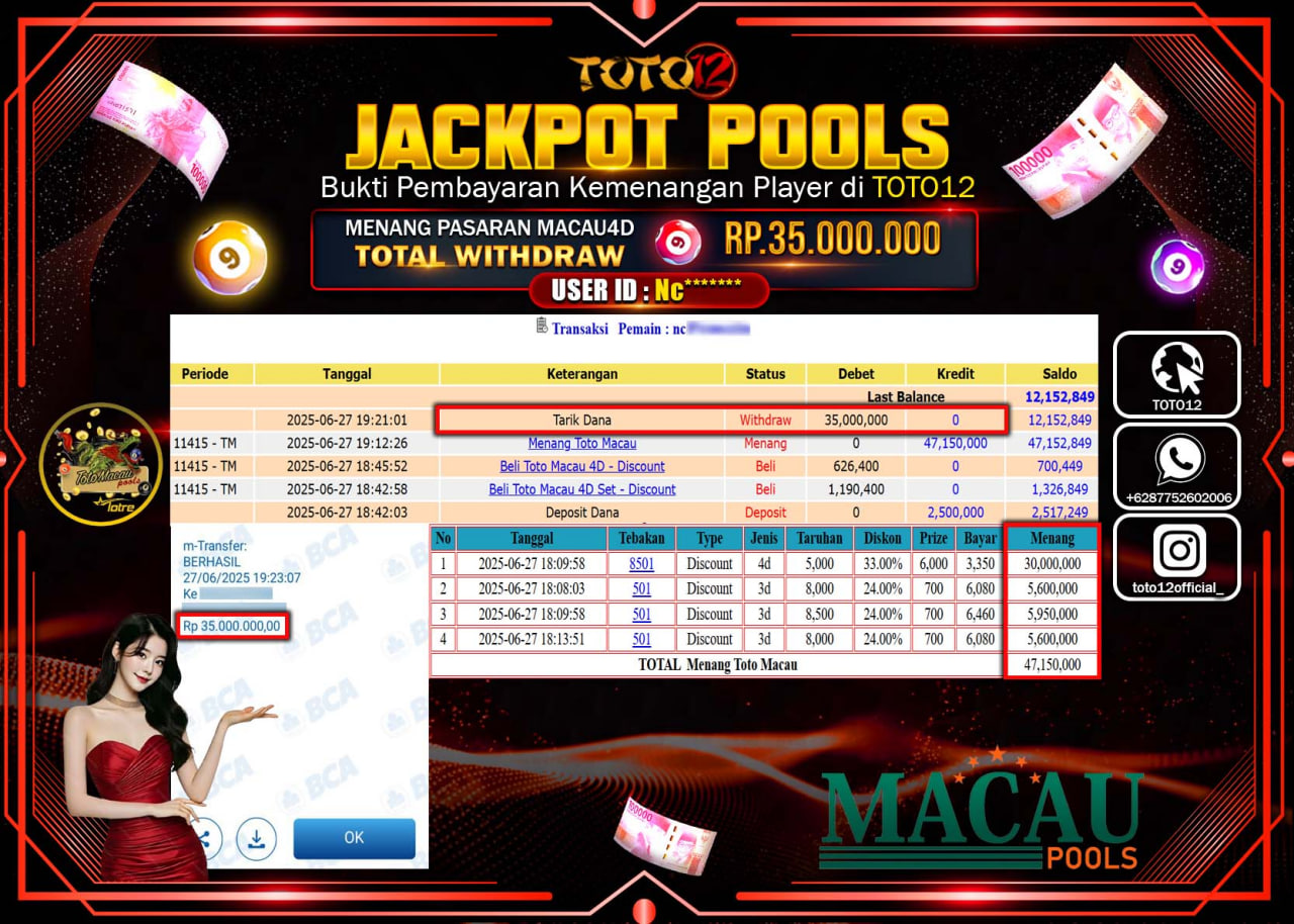 HANYA DI TOTO12 JP PASTI DI BAYAR LUNAS DAN CEPAT!!!!!! JACKPOT POOLS PASARAN (MACAU4D) Rp.35.000.000 !!!!