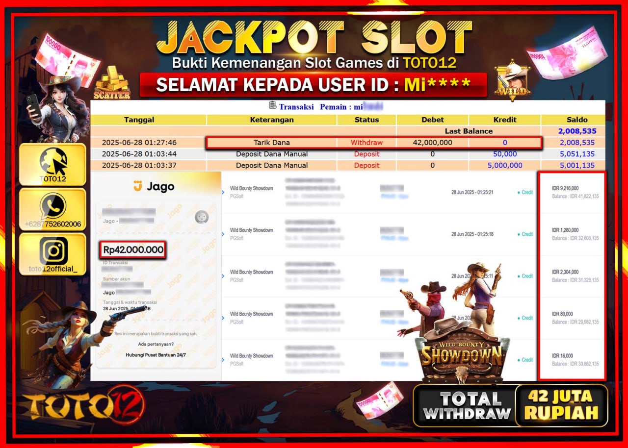 HANYA DI TOTO12 JP PASTI DI BAYAR LUNAS DAN CEPAT!!!!!! JACKPOT SLOT GAME (WILD BOUNTY SHOWDOWN) Rp.42.000.000 !!!!