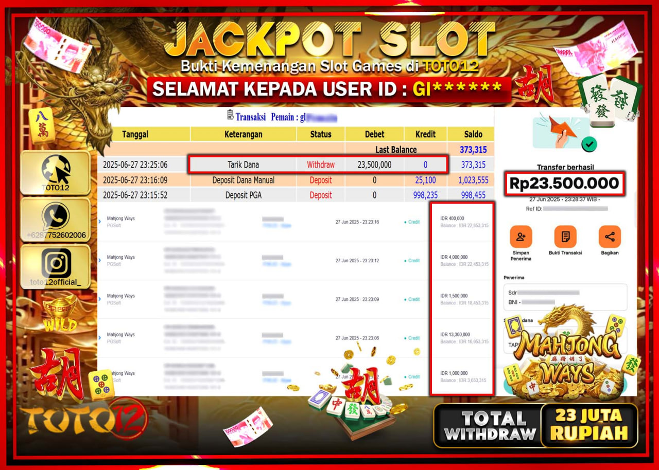 HANYA DI TOTO12 JP PASTI DI BAYAR LUNAS DAN CEPAT!!!!!! JACKPOT SLOT GAME (MAHJONG WAYS) Rp.23.000.000 !!!!