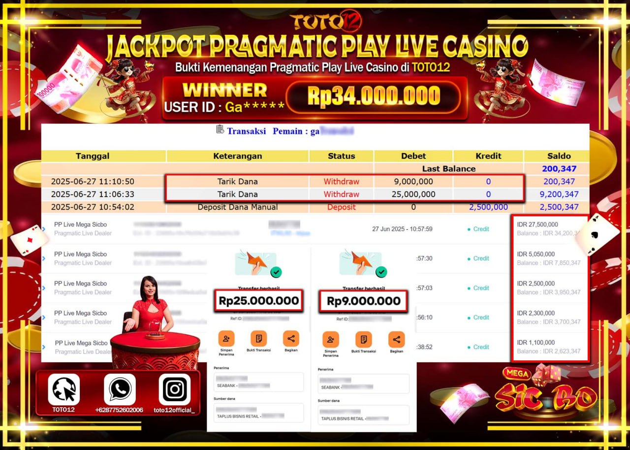 HANYA DI TOTO12 JP PASTI DI BAYAR LUNAS DAN CEPAT!!!!!! JACKPOT PRAGMATIC PLAY LIVE CASINO (MEGA SICBO) Rp.34.000.000 !!!!