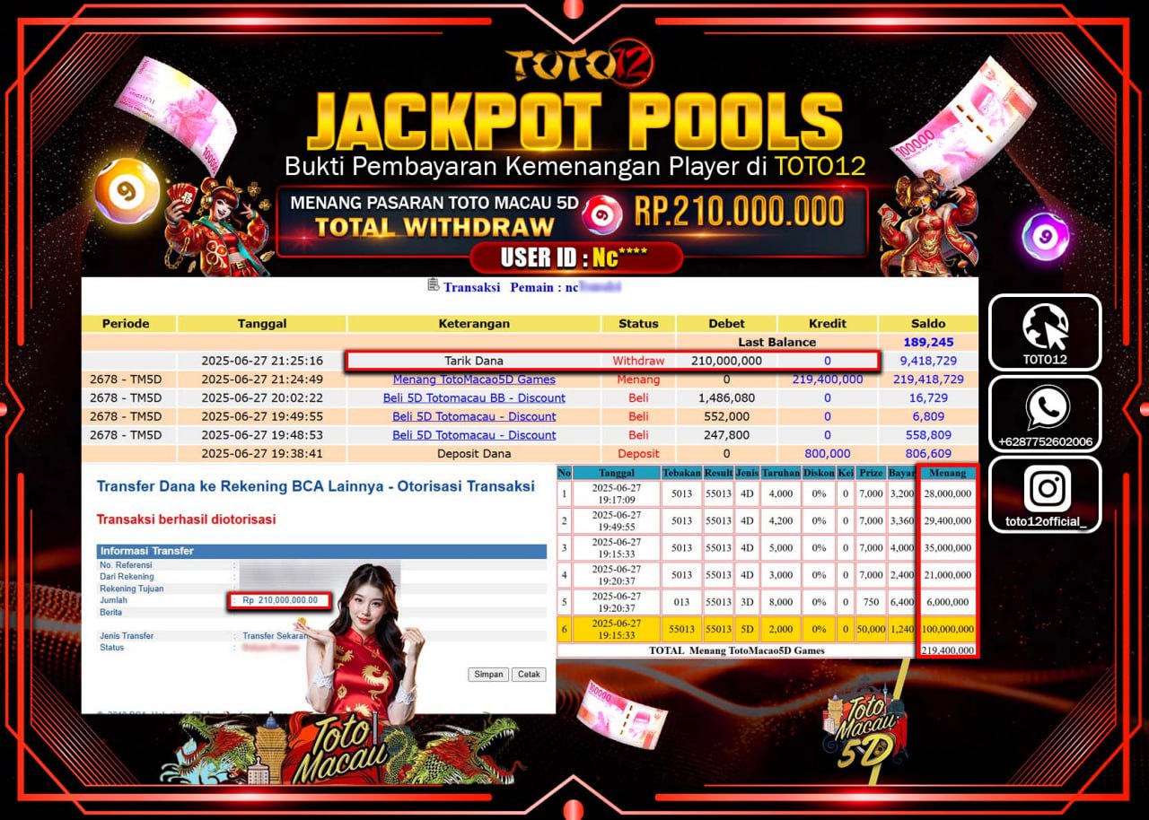 HANYA DI TOTO12 JP PASTI DI BAYAR LUNAS DAN CEPAT!!!!!! JACKPOT POOLS PASARAN (MACAU5D) Rp.210.000.000 !!!!