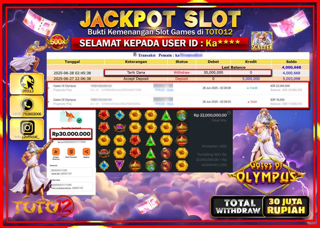HANYA DI TOTO12 JP PASTI DI BAYAR LUNAS DAN CEPAT!!!!!! JACKPOT SLOT GAME (GATES OF OLYMPUS) Rp.30.000.000 !!!!