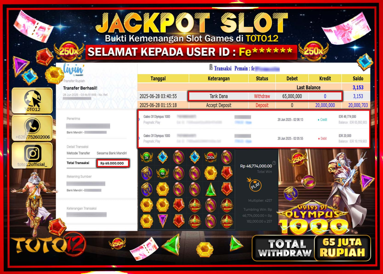 HANYA DI TOTO12 JP PASTI DI BAYAR LUNAS DAN CEPAT!!!!!! JACKPOT SLOT GAME (GATES OF OLYMPUS 1000) Rp.65.000.000 !!!!