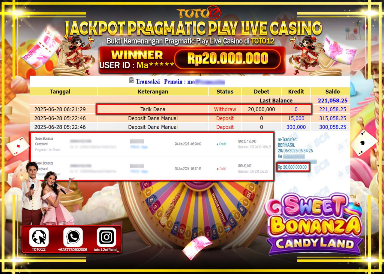 HANYA DI TOTO12 JP PASTI DI BAYAR LUNAS DAN CEPAT!!!!!! JACKPOT PRAGMATIC PLAY LIVE CASINO (SWEET BONANZA CANDY LAND) Rp.20.000.000 !!!!