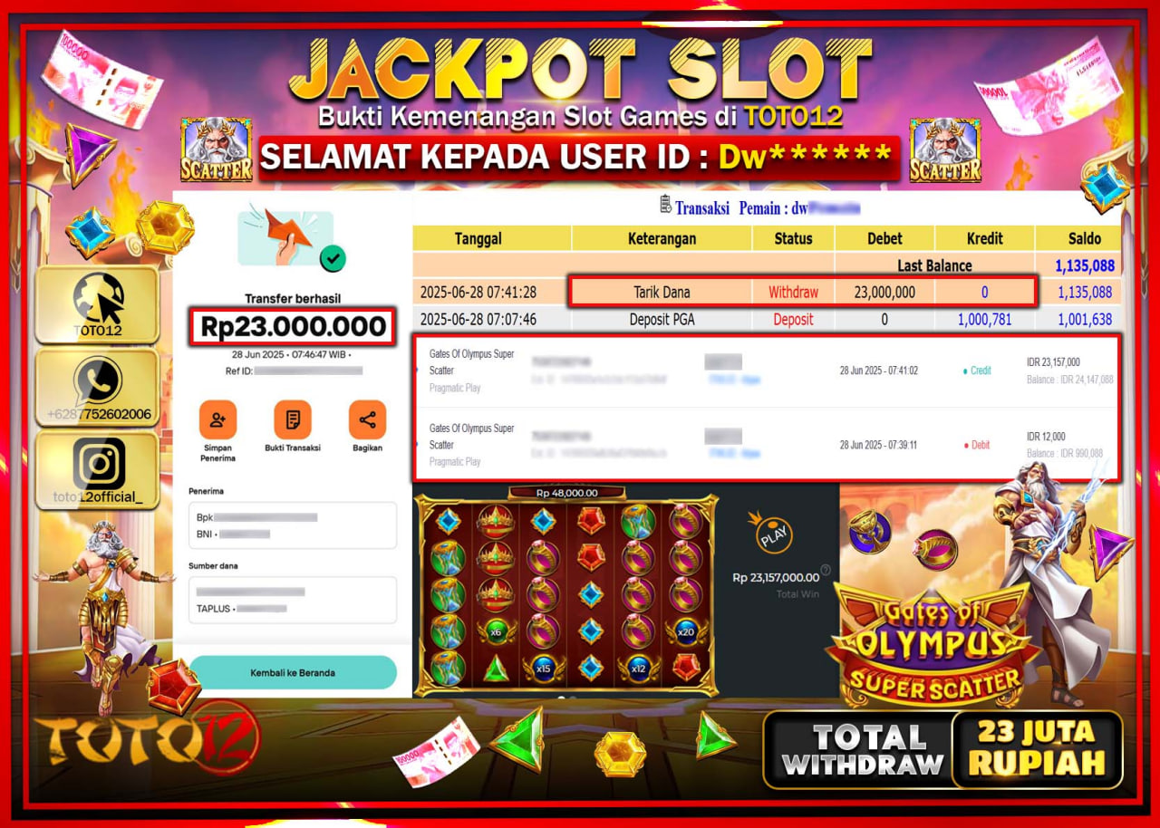 HANYA DI TOTO12 JP PASTI DI BAYAR LUNAS DAN CEPAT!!!!!! JACKPOT SLOT GAME (GATES OF OLYMPUS SUPER SCATTER) Rp.23.000.000 !!!!