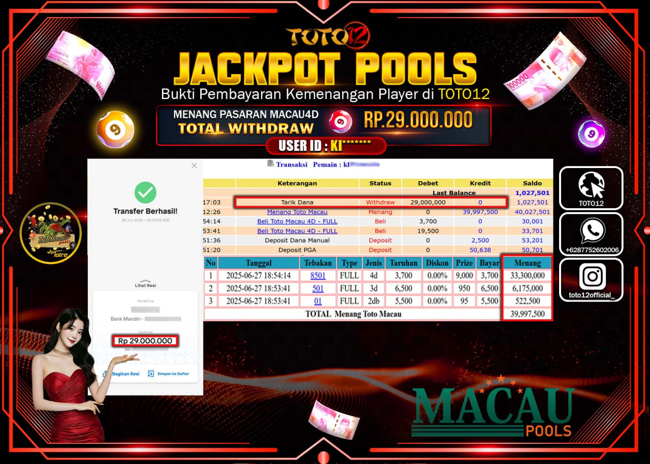 HANYA DI TOTO12 JP PASTI DI BAYAR LUNAS DAN CEPAT!!!!!! JACKPOT POOLS PASARAN (MACAU4D) Rp.29.000.000 !!!!