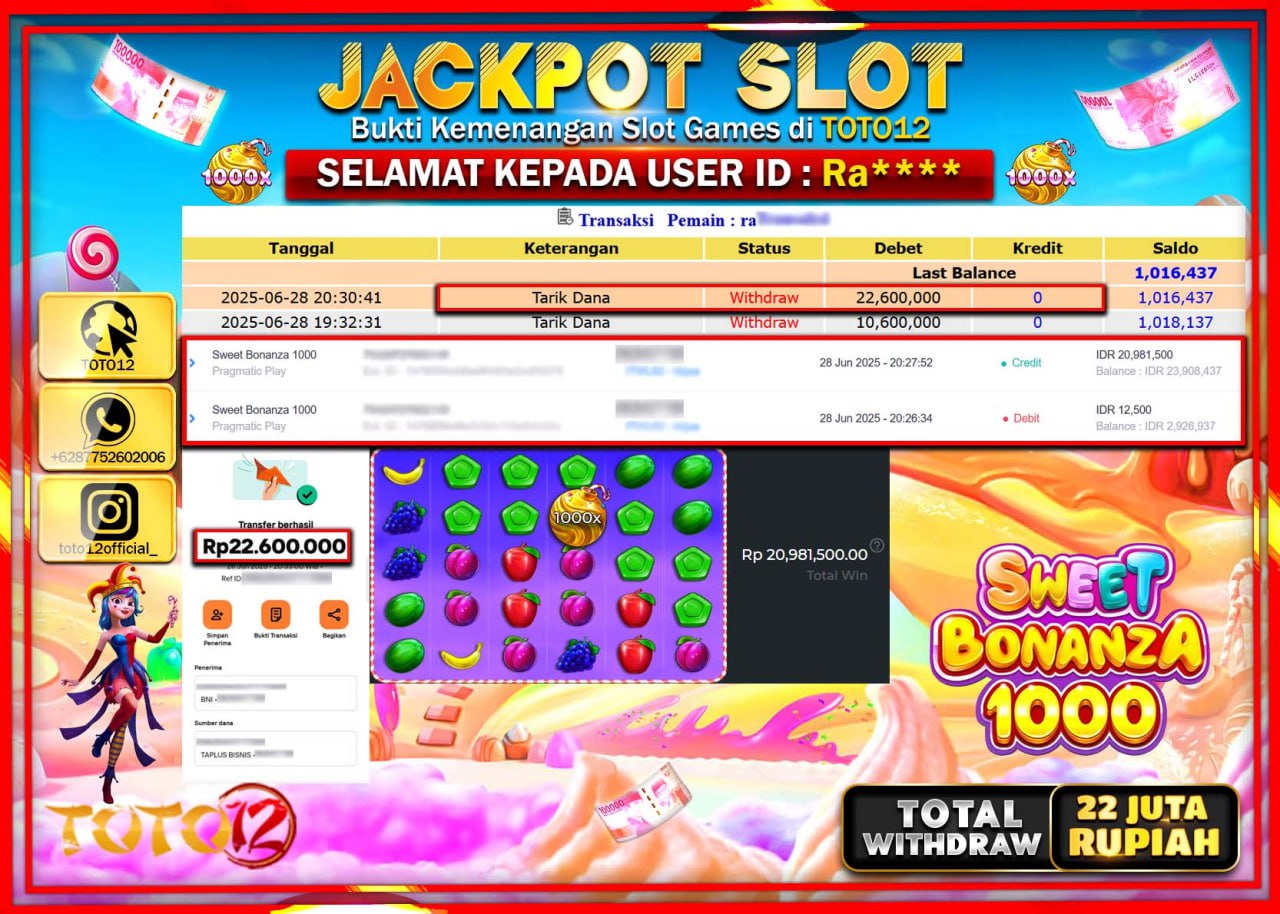 HANYA DI TOTO12 JP PASTI DI BAYAR LUNAS DAN CEPAT!!!!!! JACKPOT SLOT GAME (SWEET BONANZA 1000) Rp.22.000.000 !!!!