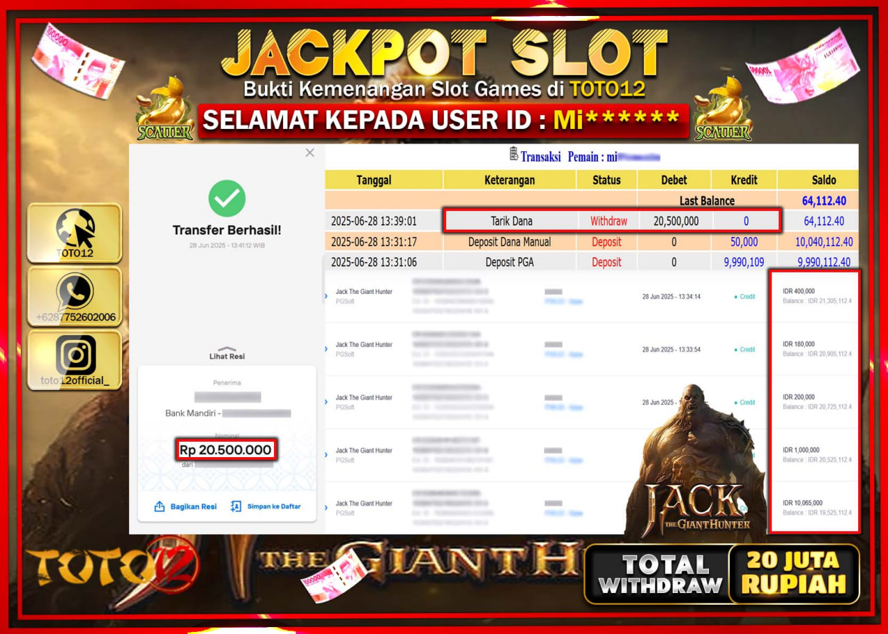 HANYA DI TOTO12 JP PASTI DI BAYAR LUNAS DAN CEPAT!!!!!! JACKPOT SLOT GAME (JACK THE GIANT HUNTER) Rp.20.000.000 !!!!