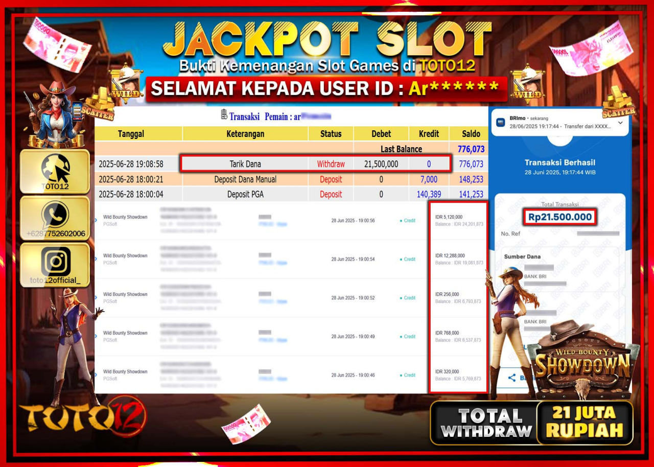 HANYA DI TOTO12 JP PASTI DI BAYAR LUNAS DAN CEPAT!!!!!! JACKPOT SLOT GAME (WILD BOUNTY SHOWDOWN) Rp.21.000.000 !!!!