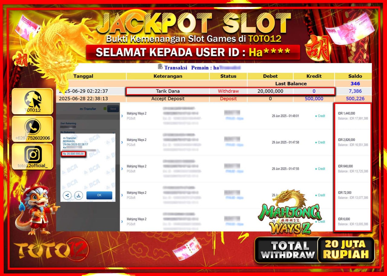 HANYA DI TOTO12 JP PASTI DI BAYAR LUNAS DAN CEPAT!!!!!! JACKPOT SLOT GAME (MAHJONG WAYS 2) Rp.20.000.000 !!!!