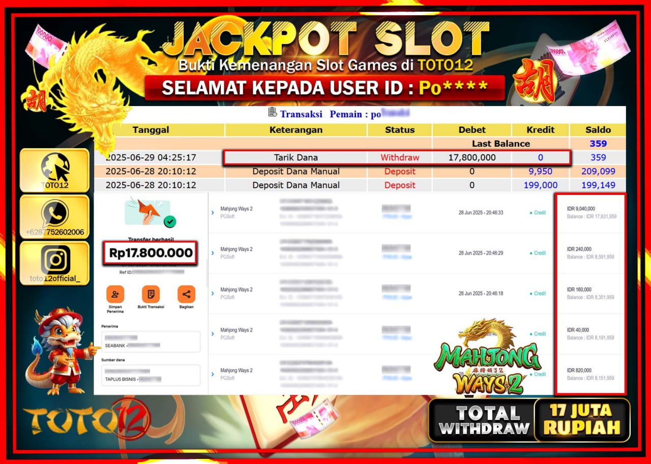HANYA DI TOTO12 JP PASTI DI BAYAR LUNAS DAN CEPAT!!!!!! JACKPOT SLOT GAME (MAHJONG WAYS 2) Rp.17.000.000 !!!!