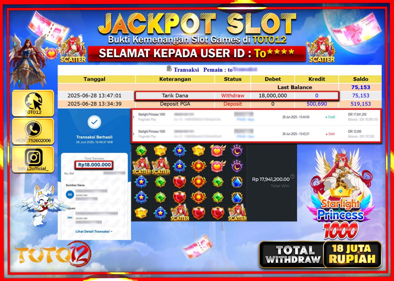 HANYA DI TOTO12 JP PASTI DI BAYAR LUNAS DAN CEPAT!!!!!! JACKPOT SLOT GAME (STARLIGHT PRINCESS 1000) Rp.18.000.000 !!!!