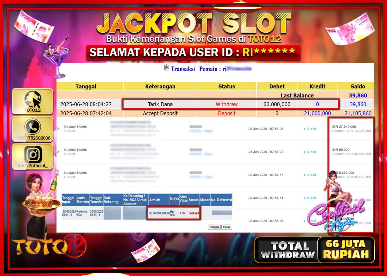 HANYA DI TOTO12 JP PASTI DI BAYAR LUNAS DAN CEPAT!!!!!! JACKPOT SLOT GAME (COCKTAIL NIGHTS) Rp.66.000.000 !!!!