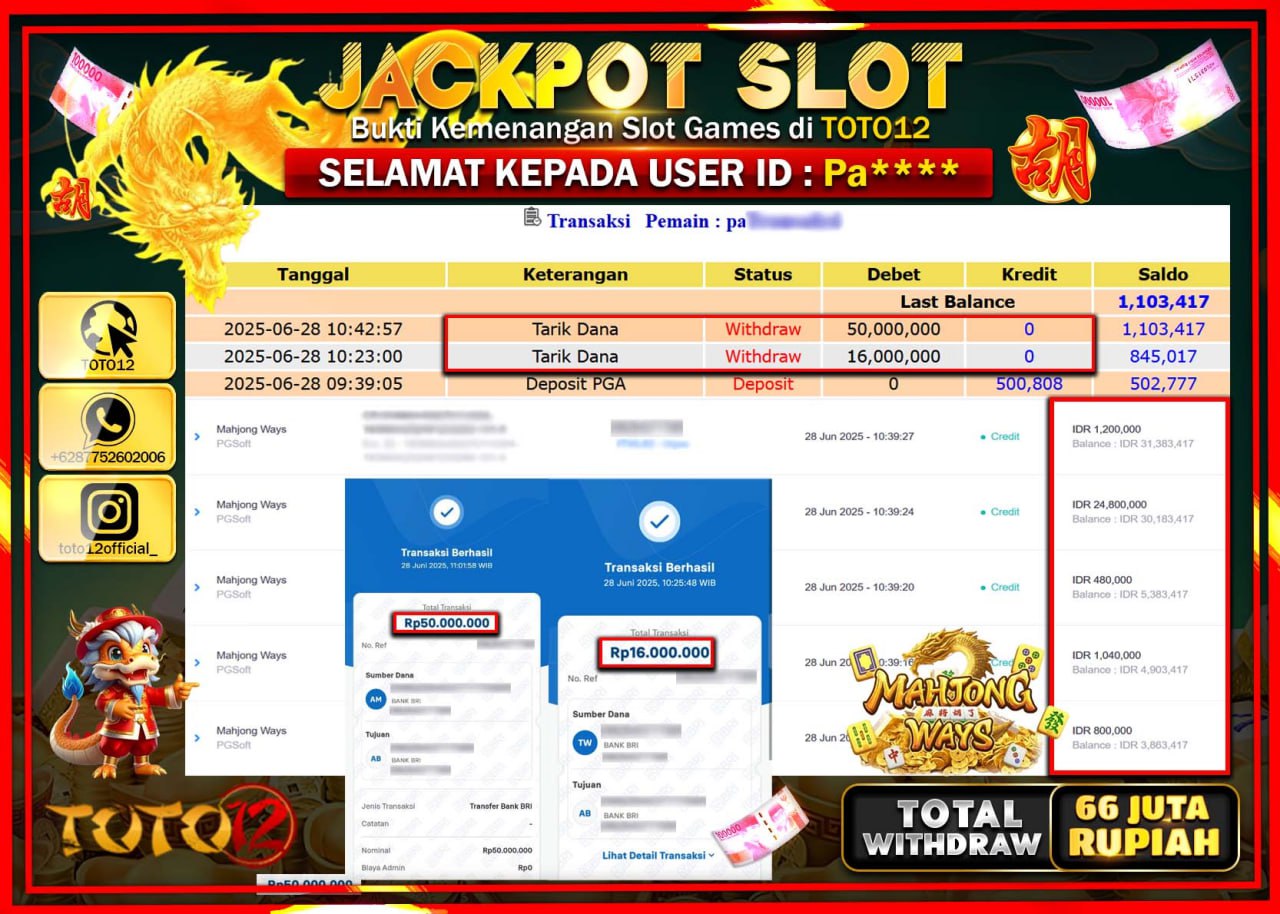 HANYA DI TOTO12 JP PASTI DI BAYAR LUNAS DAN CEPAT!!!!!! JACKPOT SLOT GAME (MAHJONG WAYS) Rp.66.000.000 !!!!