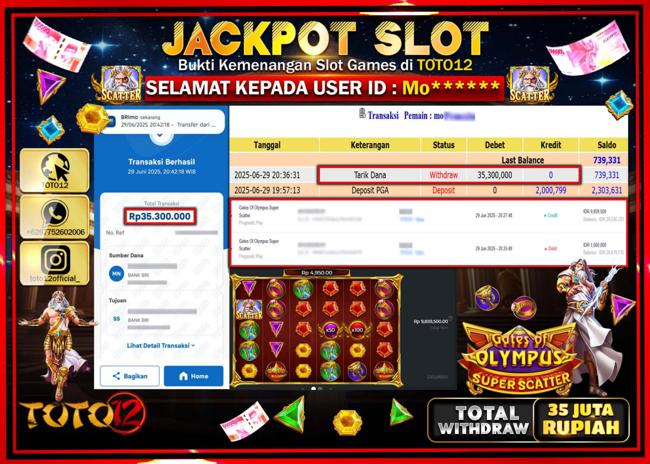 HANYA DI TOTO12 JP PASTI DI BAYAR LUNAS DAN CEPAT!!!!!! JACKPOT SLOT GAME (GATES OF OLYMPUS SUPER SCATTER) Rp.35.000.000 !!!!