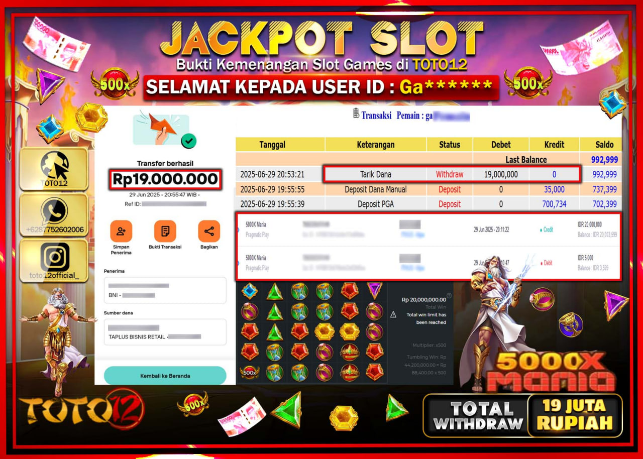 HANYA DI TOTO12 JP PASTI DI BAYAR LUNAS DAN CEPAT!!!!!! JACKPOT SLOT GAME (5000X MANIA) Rp.19.000.000 !!!!