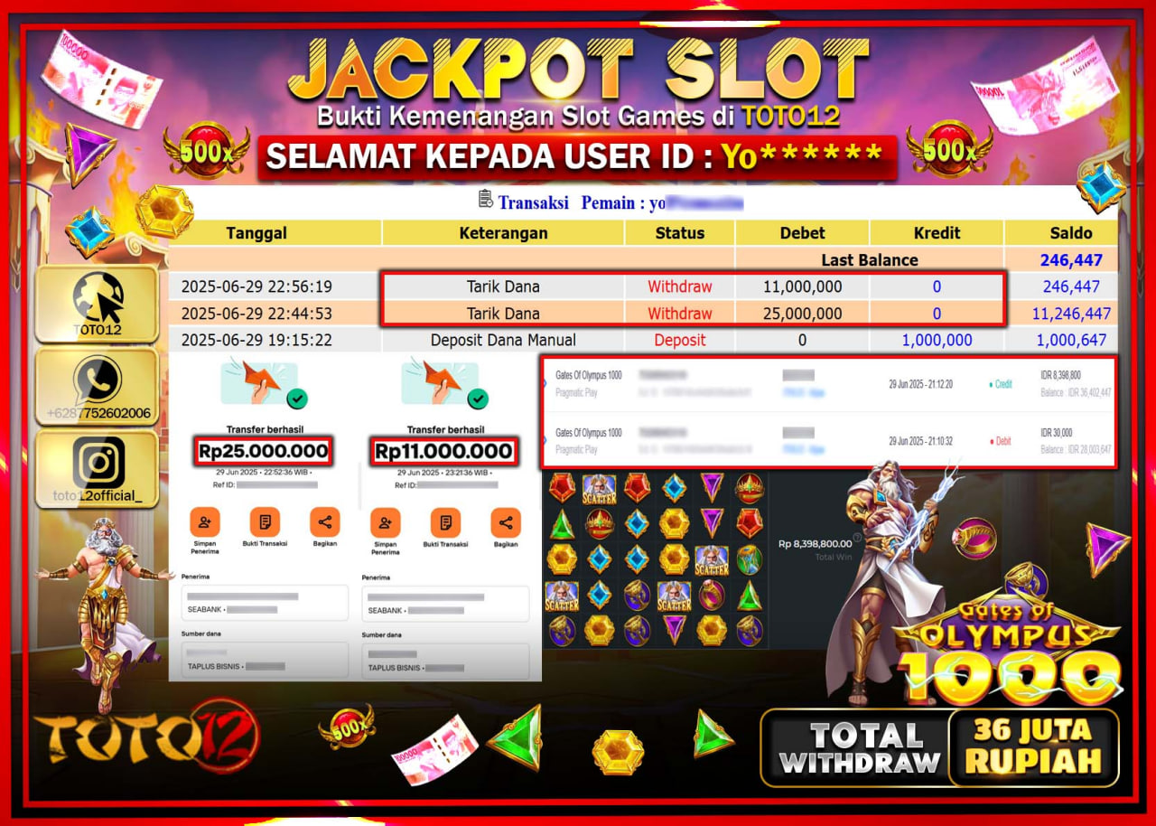 HANYA DI TOTO12 JP PASTI DI BAYAR LUNAS DAN CEPAT!!!!!! JACKPOT SLOT GAME (GATES OF OLYMPUS 1000) Rp.36.000.000 !!!!
