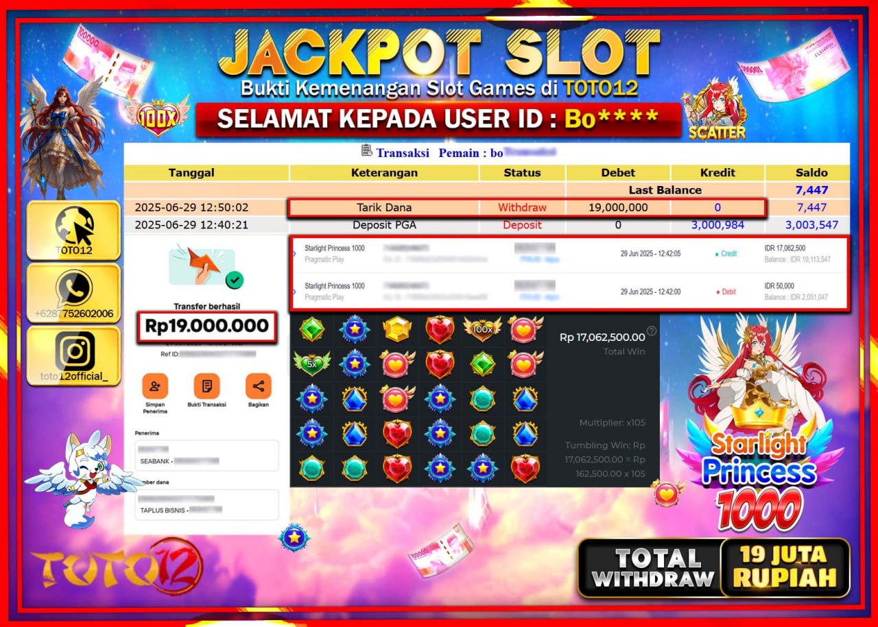 HANYA DI TOTO12 JP PASTI DI BAYAR LUNAS DAN CEPAT!!!!!! JACKPOT SLOT GAME (STARLIGHT PRINCESS 1000) Rp.19.000.000 !!!!