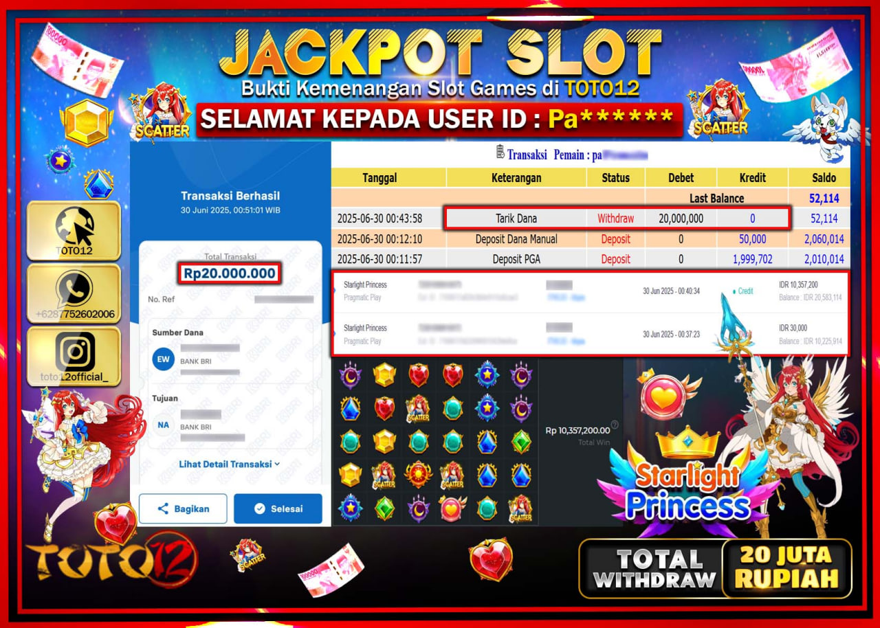 HANYA DI TOTO12 JP PASTI DI BAYAR LUNAS DAN CEPAT!!!!!! JACKPOT SLOT GAME (STARLIGHT PRINCESS) Rp.20.000.000 !!!!