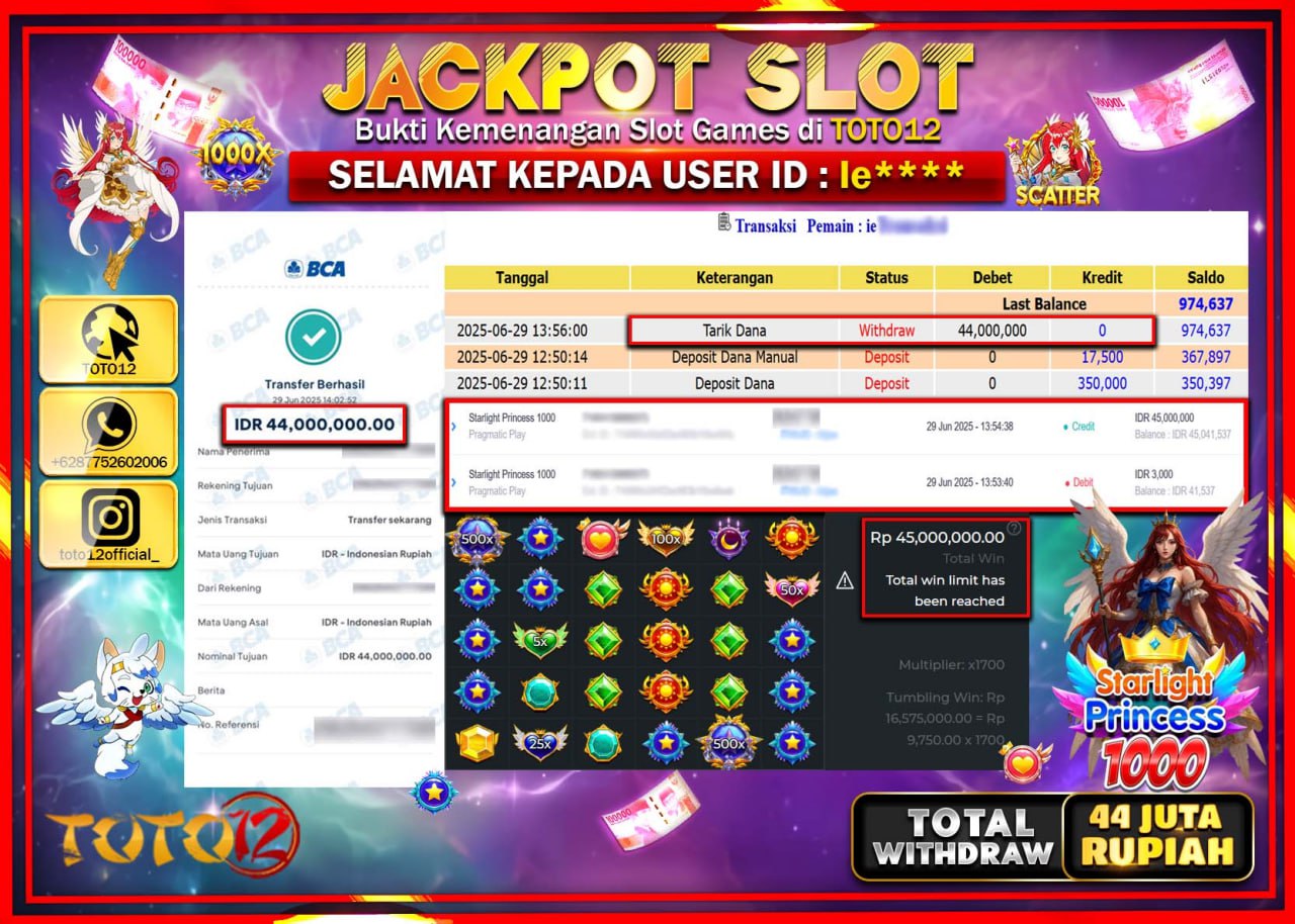 HANYA DI TOTO12 JP PASTI DI BAYAR LUNAS DAN CEPAT!!!!!! JACKPOT SLOT GAME (STARLIGHT PRINCESS 1000) Rp.44.000.000 !!!!