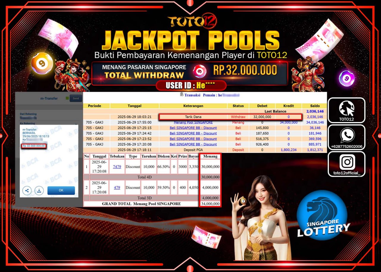 HANYA DI TOTO12 JP PASTI DI BAYAR LUNAS DAN CEPAT!!!!!! JACKPOT POOLS PASARAN (SINGAPORE) Rp.32.000.000 !!!!