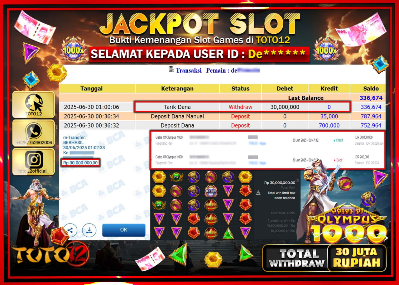 HANYA DI TOTO12 JP PASTI DI BAYAR LUNAS DAN CEPAT!!!!!! JACKPOT SLOT GAME (GATES OF OLYMPUS 1000) Rp.30.000.000 !!!!