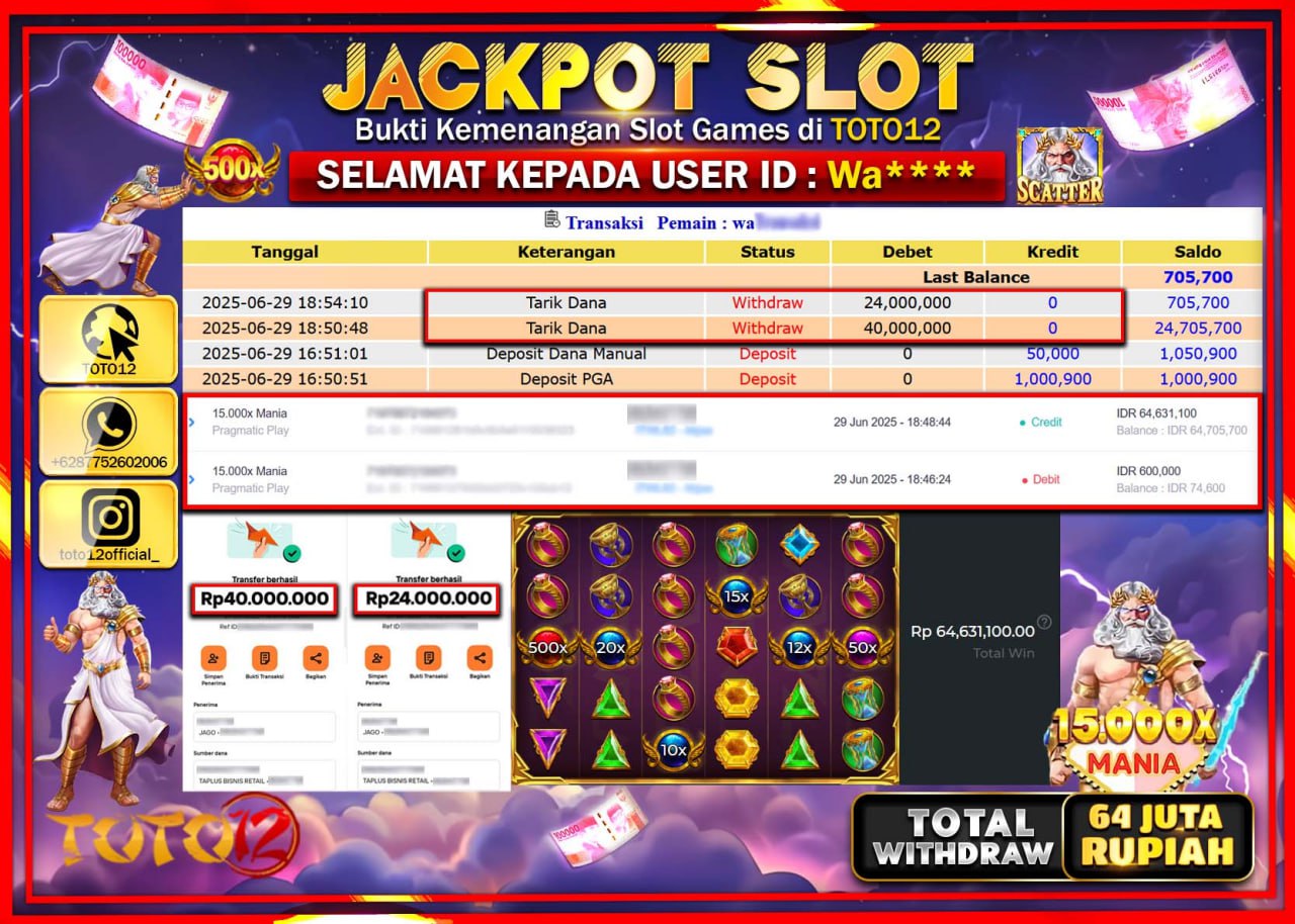 HANYA DI TOTO12 JP PASTI DI BAYAR LUNAS DAN CEPAT!!!!!! JACKPOT SLOT GAME (15.000X MANIA) Rp.64.000.000 !!!!