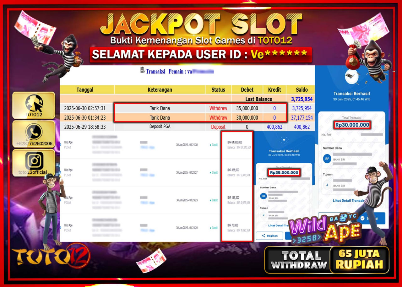 HANYA DI TOTO12 JP PASTI DI BAYAR LUNAS DAN CEPAT!!!!!! JACKPOT SLOT GAME (WILD APE) Rp.65.000.000 !!!!