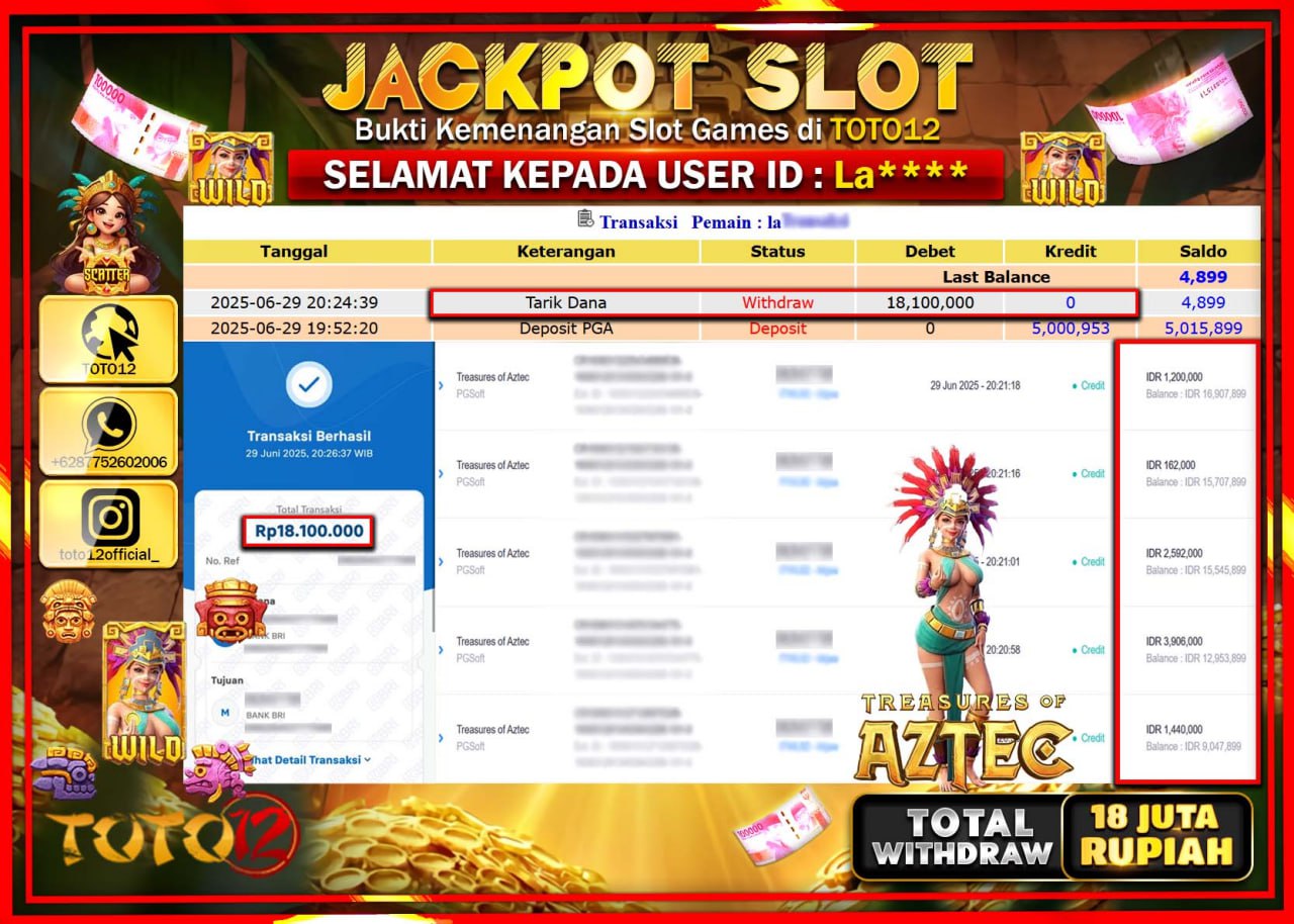 HANYA DI TOTO12 JP PASTI DI BAYAR LUNAS DAN CEPAT!!!!!! JACKPOT SLOT GAME (TREASURES OF AZTEC) Rp.18.000.000 !!!!