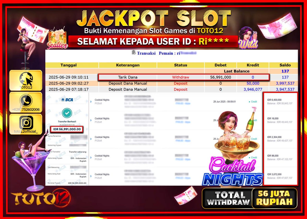 HANYA DI TOTO12 JP PASTI DI BAYAR LUNAS DAN CEPAT!!!!!! JACKPOT SLOT GAME (COCKTAIL NIGHTS) Rp.56.000.000 !!!!