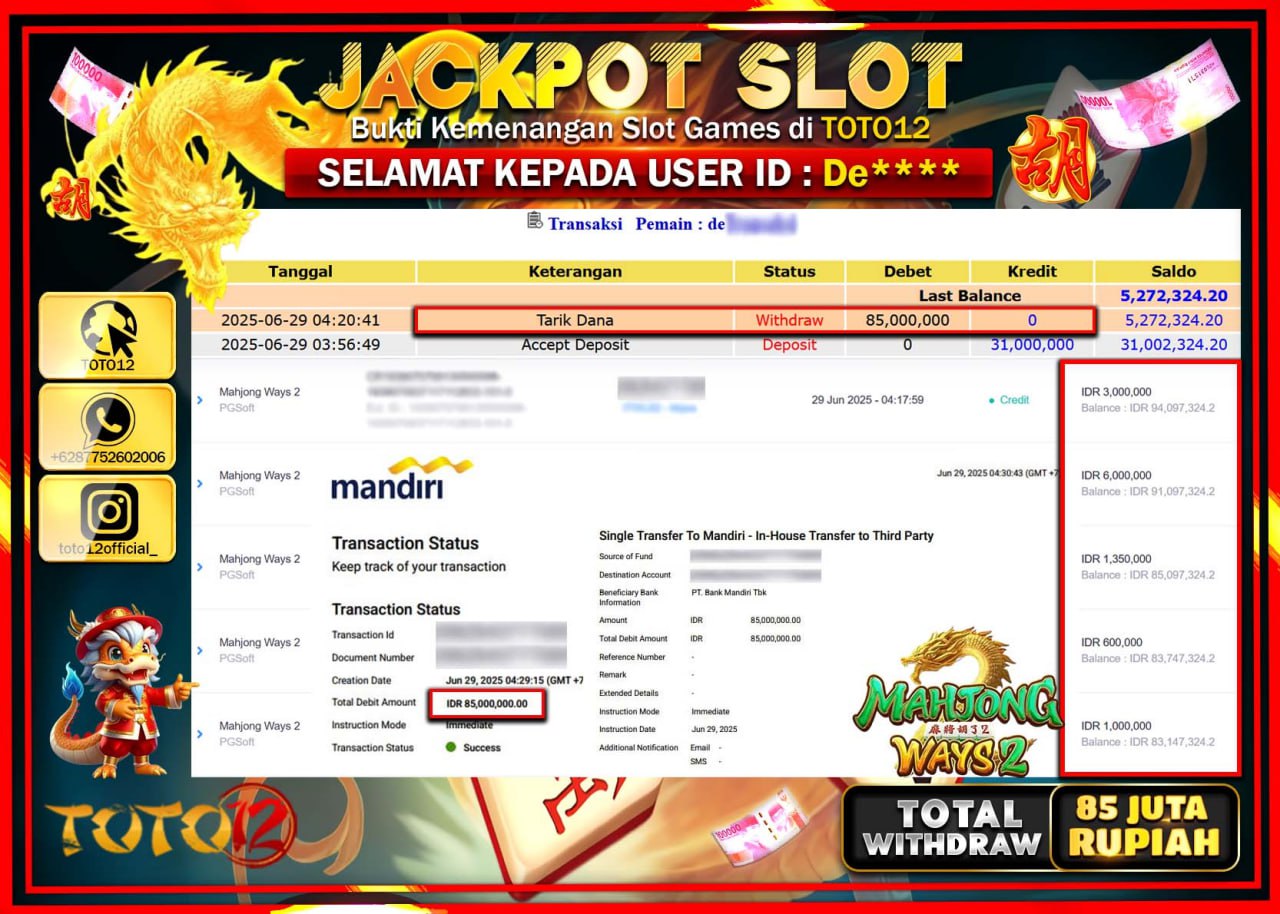 HANYA DI TOTO12 JP PASTI DI BAYAR LUNAS DAN CEPAT!!!!!! JACKPOT SLOT GAME (MAHJONG WAYS 2) Rp.85.000.000 !!!!