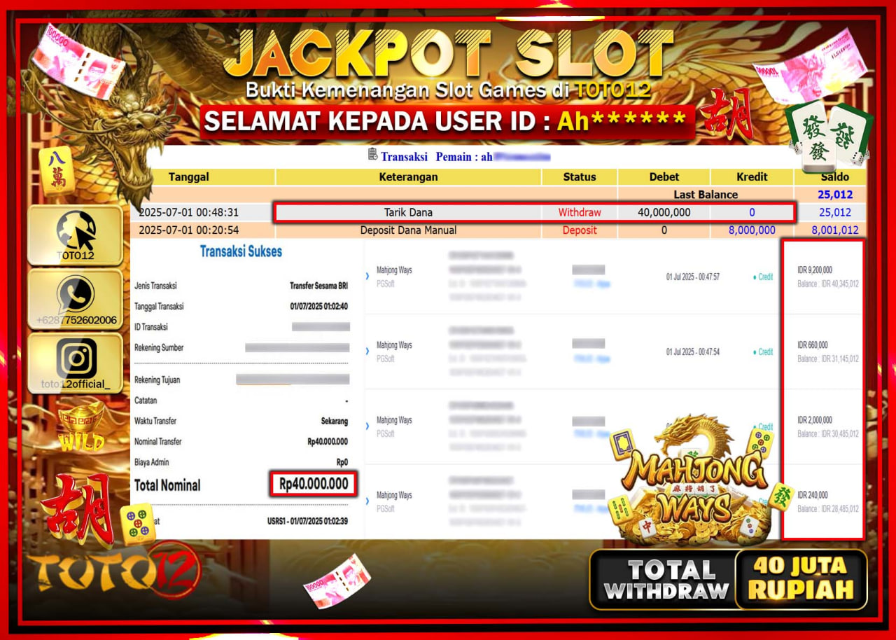 HANYA DI TOTO12 JP PASTI DI BAYAR LUNAS DAN CEPAT!!!!!! JACKPOT SLOT GAME (MAHJONG WAYS) Rp.40.000.000 !!!!