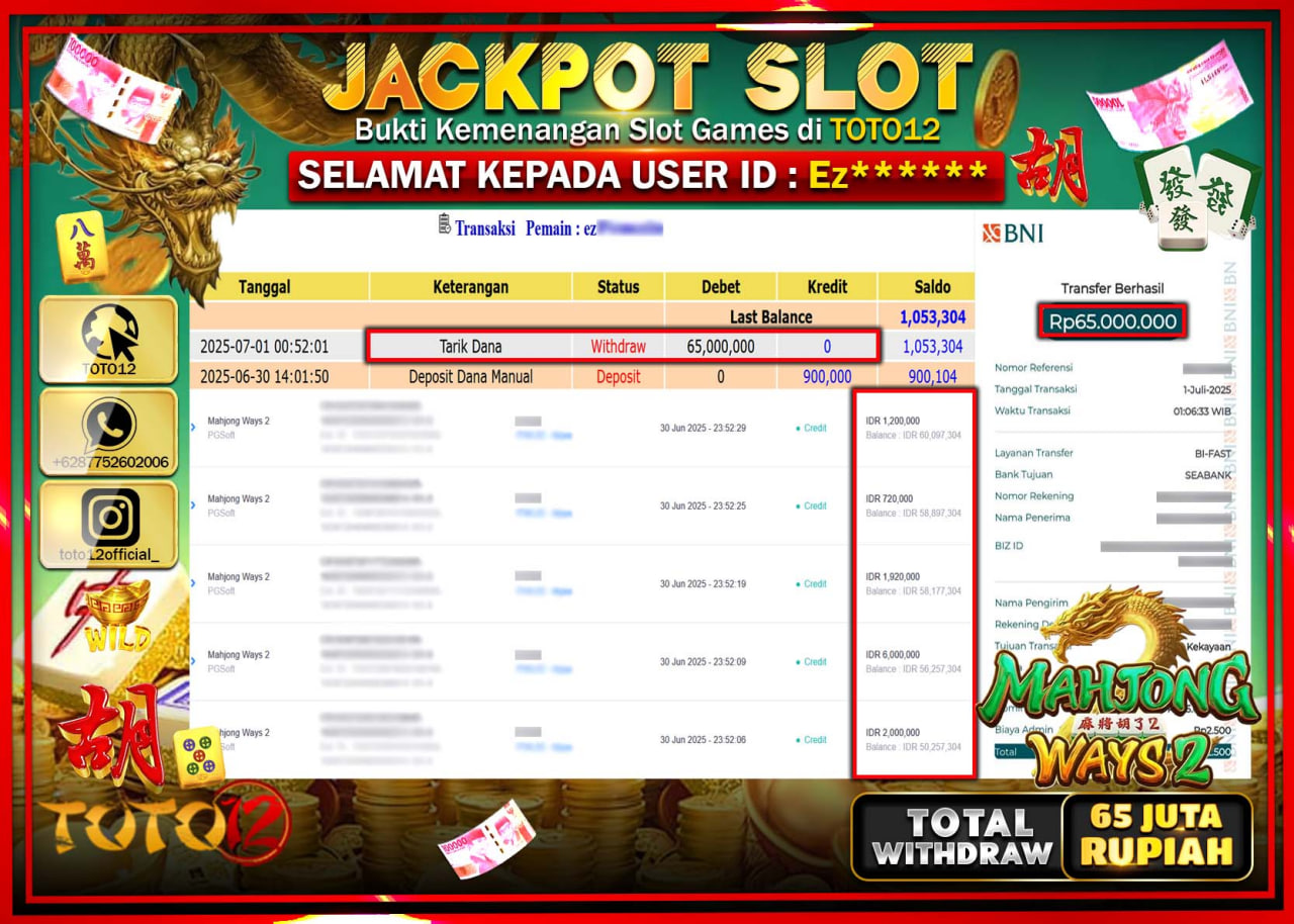 HANYA DI TOTO12 JP PASTI DI BAYAR LUNAS DAN CEPAT!!!!!! JACKPOT SLOT GAME (MAHJONG WAYS 2) Rp.65.000.000 !!!!