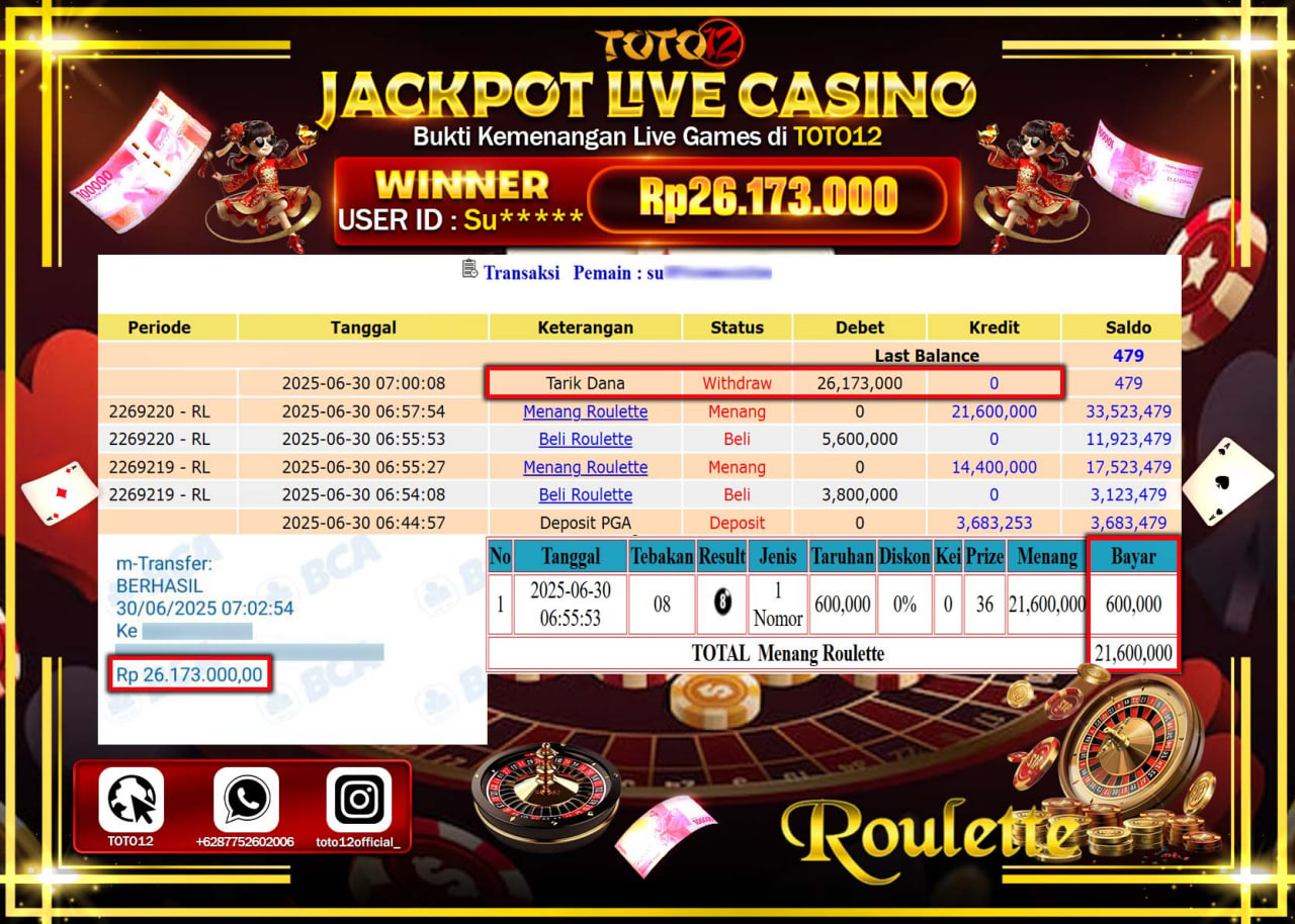 HANYA DI TOTO12 JP PASTI DI BAYAR LUNAS DAN CEPAT!!!!!! JACKPOT LIVE GAMES CASINO (ROULETTE) Rp.26.173.000 !!!!