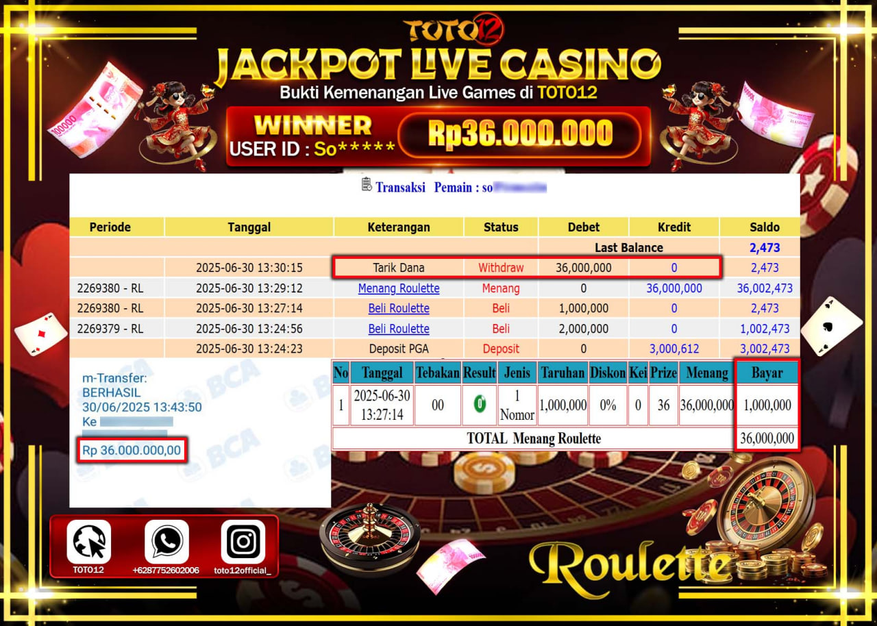 HANYA DI TOTO12 JP PASTI DI BAYAR LUNAS DAN CEPAT!!!!!! JACKPOT LIVE GAMES CASINO (ROULETTE) Rp.36.000.000 !!!!
