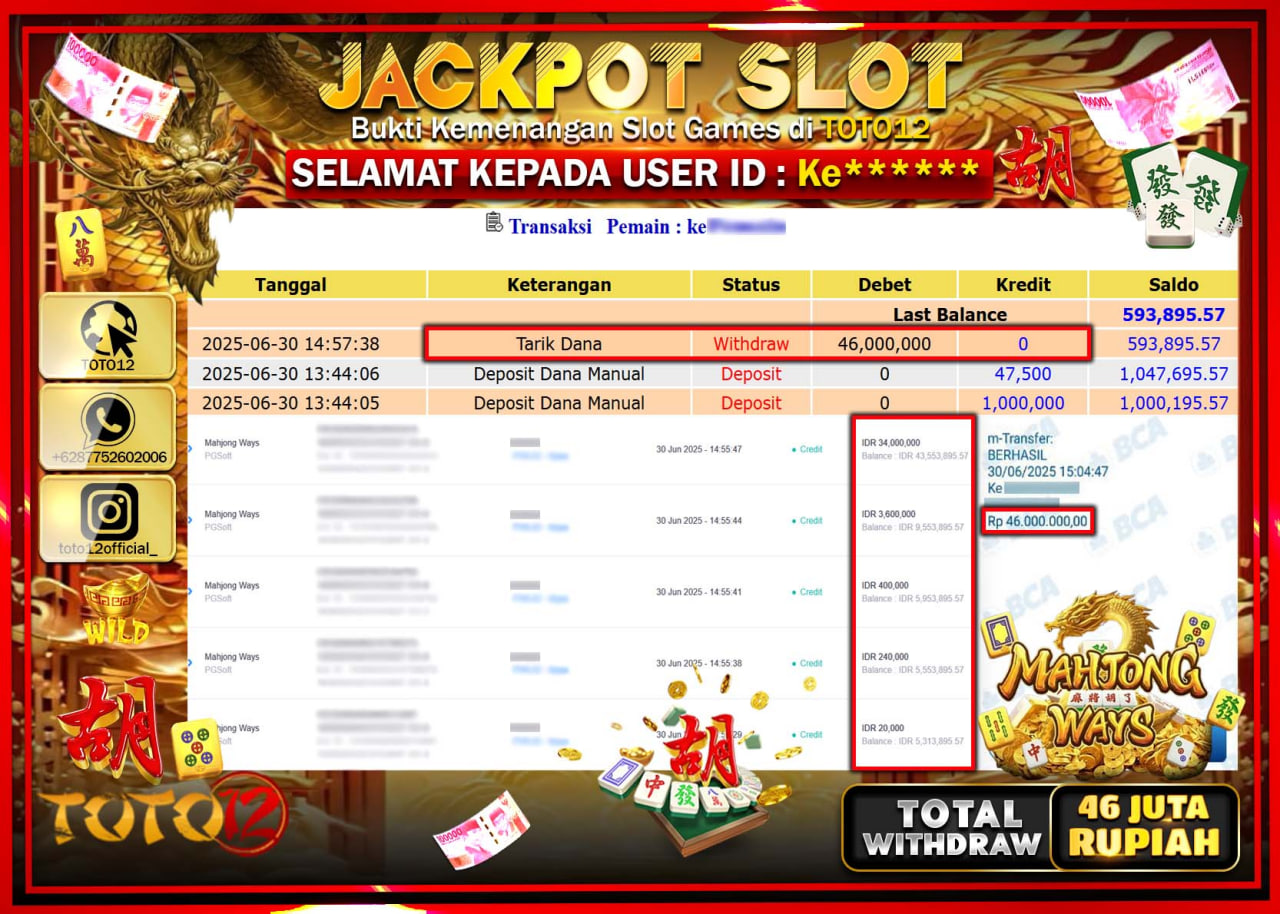 HANYA DI TOTO12 JP PASTI DI BAYAR LUNAS DAN CEPAT!!!!!! JACKPOT SLOT GAME (MAHJONG WAYS) Rp.46.000.000 !!!!