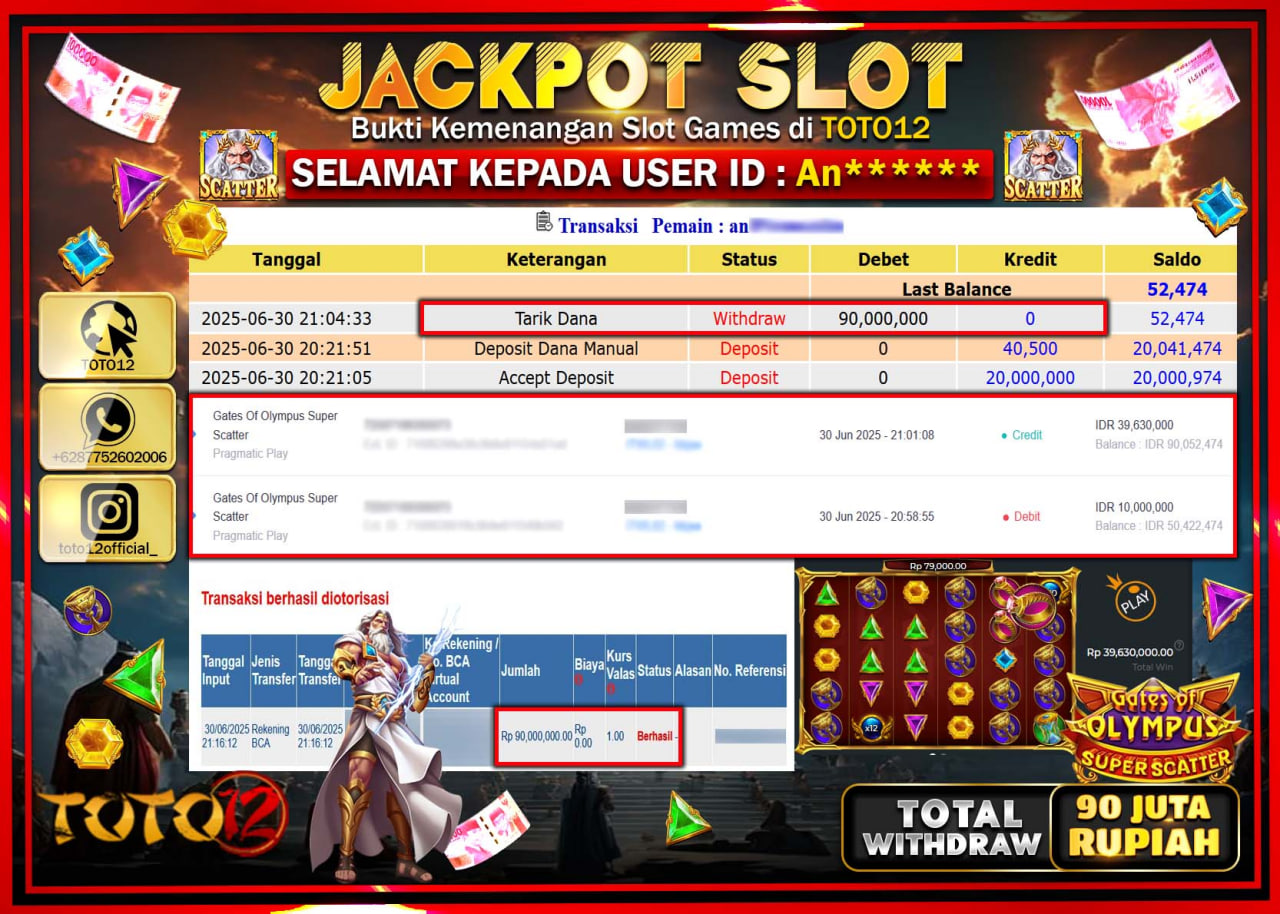 HANYA DI TOTO12 JP PASTI DI BAYAR LUNAS DAN CEPAT!!!!!! JACKPOT SLOT GAME (GATES OF OLYMPUS SUPER SCATTER) Rp.90.000.000 !!!!