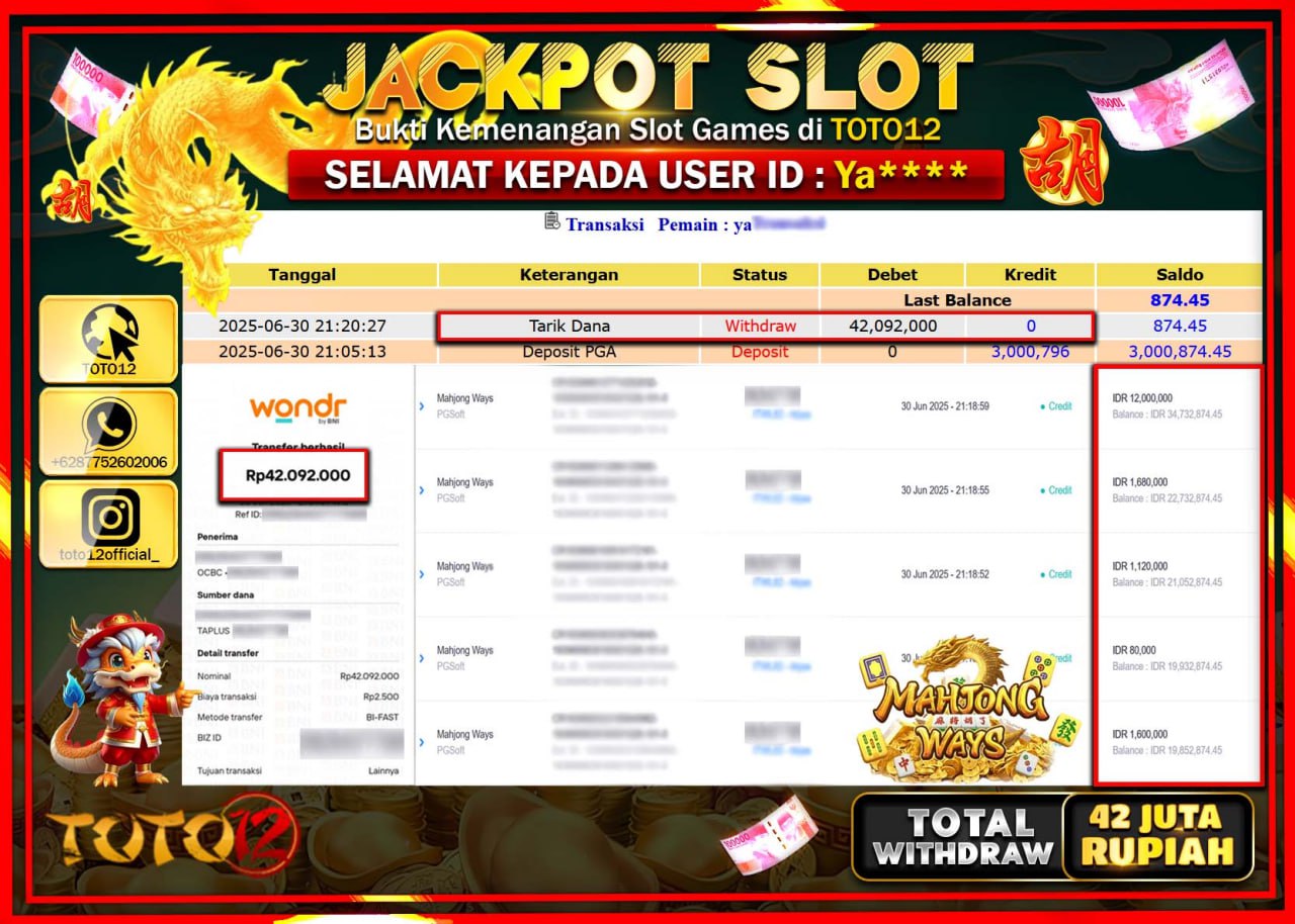 HANYA DI TOTO12 JP PASTI DI BAYAR LUNAS DAN CEPAT!!!!!! JACKPOT SLOT GAME (MAHJONG WAYS) Rp.42.000.000 !!!!