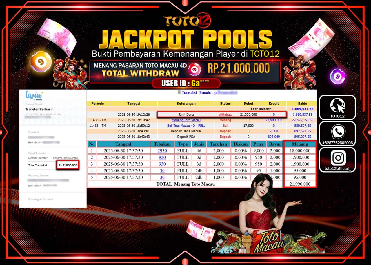 HANYA DI TOTO12 JP PASTI DI BAYAR LUNAS DAN CEPAT!!!!!! JACKPOT POOLS PASARAN (MACAU4D) Rp.21.000.000 !!!!
