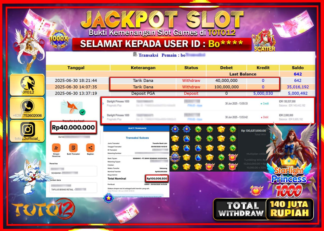 HANYA DI TOTO12 JP PASTI DI BAYAR LUNAS DAN CEPAT!!!!!! JACKPOT SLOT GAME (STARLIGHT PRINCESS 1000) Rp.140.000.000 !!!!