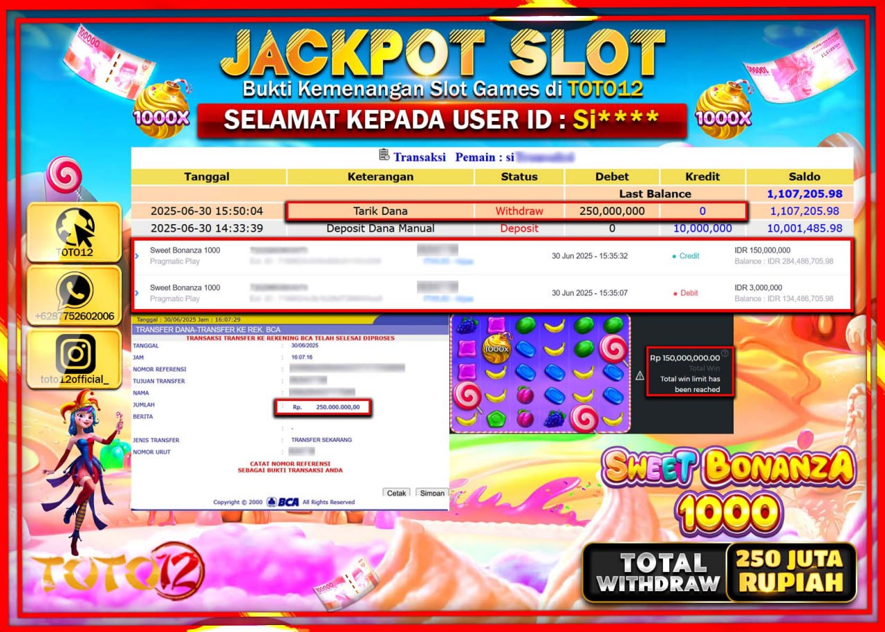 HANYA DI TOTO12 JP PASTI DI BAYAR LUNAS DAN CEPAT!!!!!! JACKPOT SLOT GAME (SWEET BONANZA 1000) Rp.250.000.000 !!!!